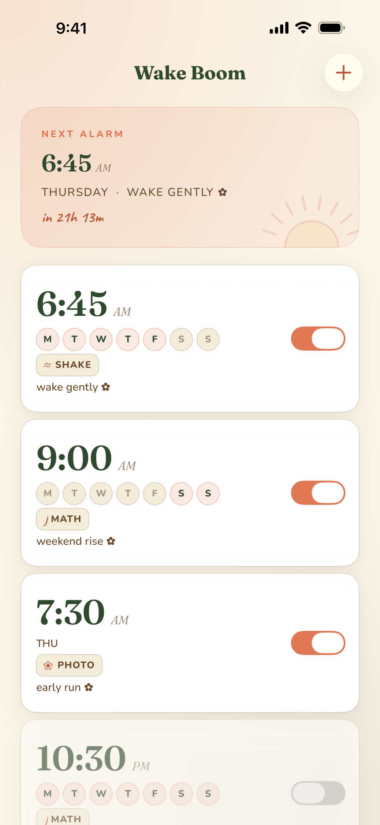 Wake Boom home screen with three named alarms.