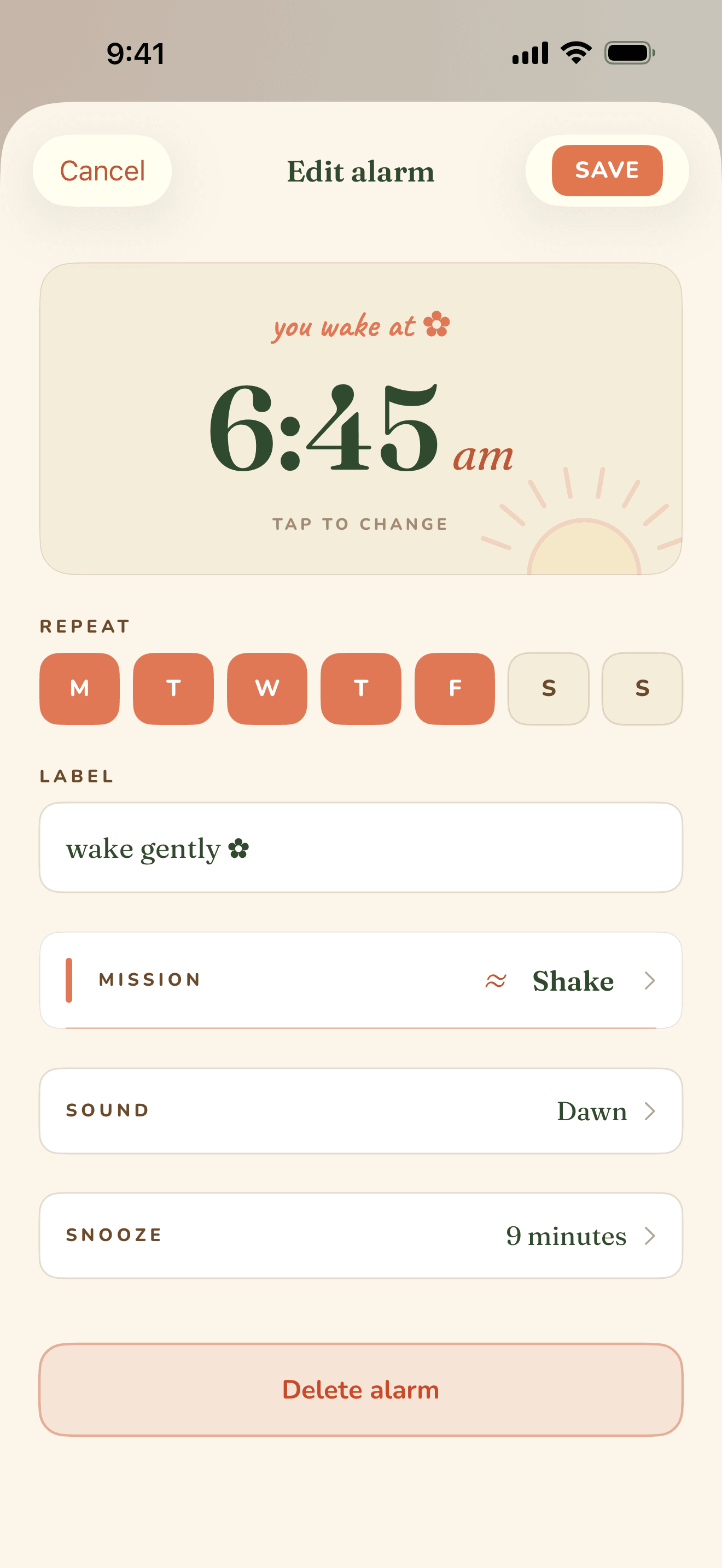 Editing an alarm: time, repeat days, mission.