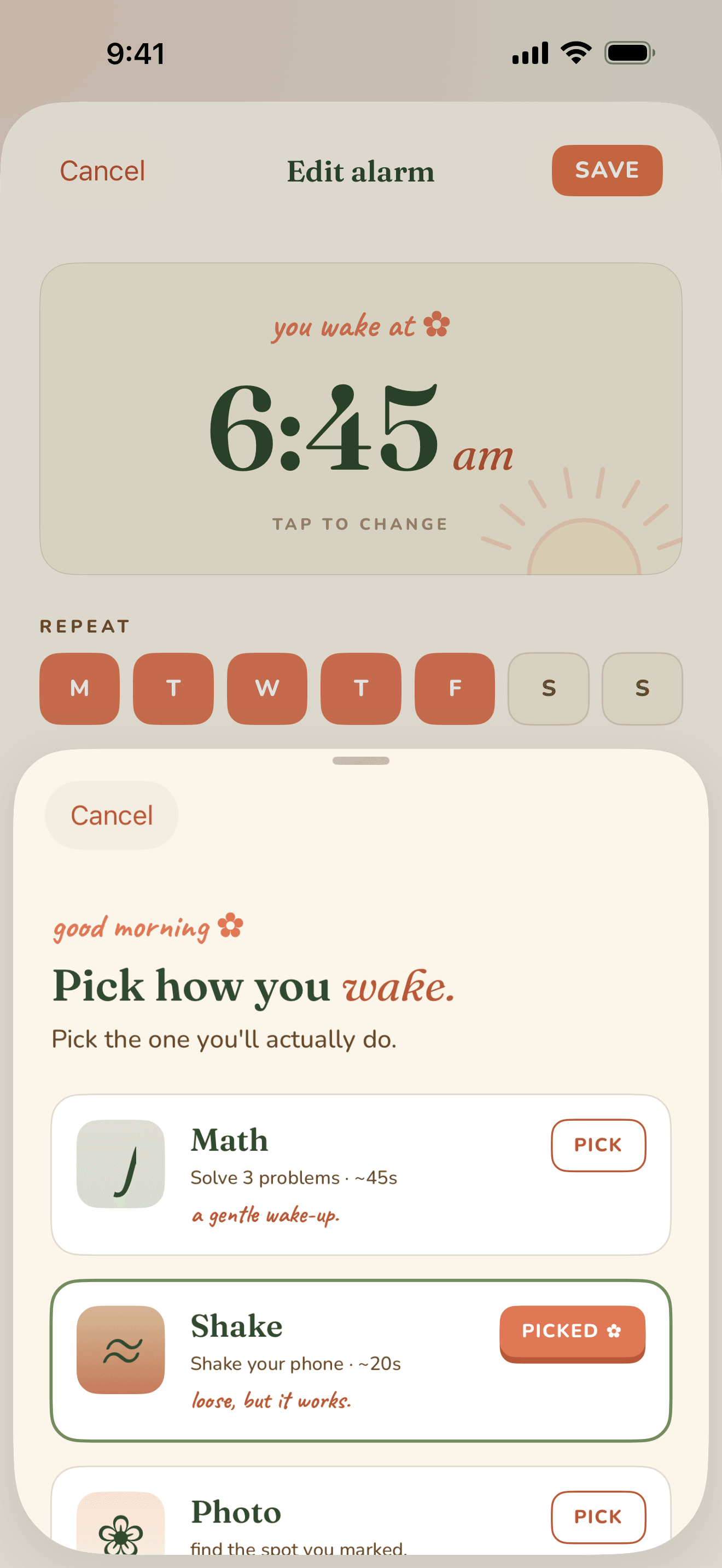 Choosing how to wake — Math, Shake, or Photo.