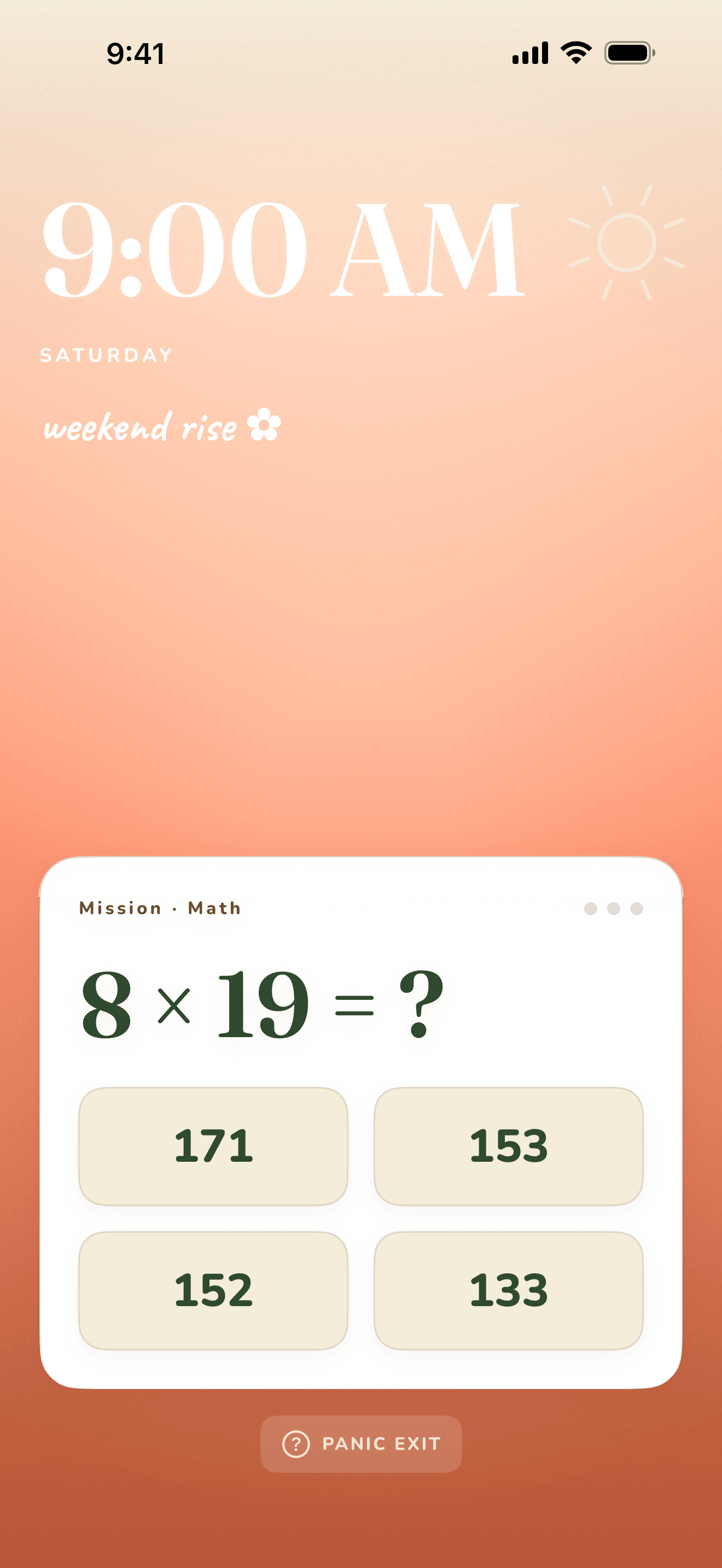 Wake Boom alarm firing with a multiple-choice math problem.